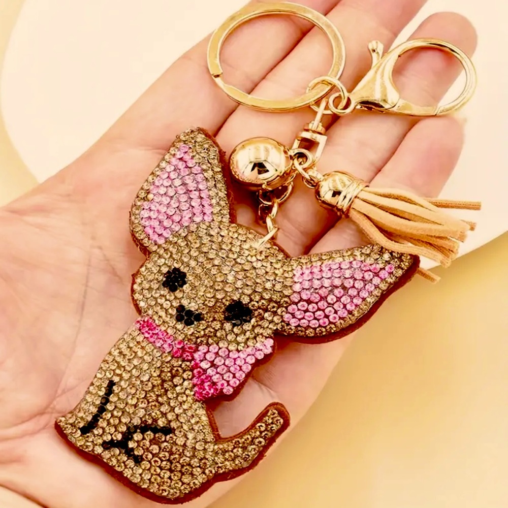 Chihuahua Dog Pink & Brown Rhinestone-Encrusted Key Chain, Bag, & Car Charm - Picture 3 of 5